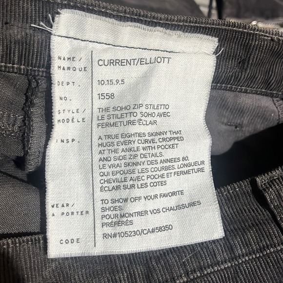 Current Elliott The Soho‎ Zip Stiletto Corduroy Pants in Gunmetal Size 28 - Picture 7 of 9